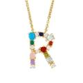 Golden R letter necklace with vibrant multi-colored gemstones and fine O-chain link - Letter R