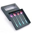 Iridescent stainless steel flower spoon set in a dark green Good Luck gift box - A Style Short Flower Spoon-Rainbow+Green Box / Rainbow/Green Box/4PCS