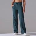 Detail of high waisted wide leg yoga pants with drawstring waist and side pockets - S / Deep Teal