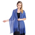 Elegant metallic blue knit shawl with long tassels and shimmer thread for evening parties - Blue