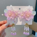 Pink floral hair clips with purple bead tassels and butterfly charm for Hanfu style - Peach Blossom Multi-color