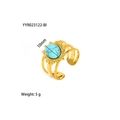 Detail of 18K gold-plated stainless steel adjustable ring with oval turquoise stone - Adjustable Open / Sun Texture Turquoise Style (YYR023122-BI)