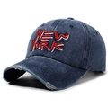 Retro dark blue washed denim baseball cap with New York embroidery and distressed brim - Adjustable / Navy Blue