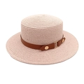 Detail of pink woven boater straw hat with brown faux leather band and gold buckles - M (56-58cm) / Light Pink