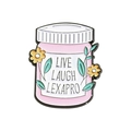 Pink and white enamel pin shaped like a medicine bottle with yellow floral patterns - Pink Pill Bottle Style (QHXZ2967)