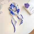 Blue iris floral silk scarf with dark blue borders on a minimalist white background - Peacock Blue Iris