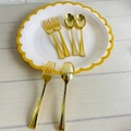 Elegant gold disposable cutlery set with dessert spoons and forks on white plate - Fork / Gold