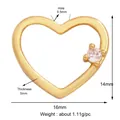 Golden hollow heart charm with white zircon, 16mm x 14mm jewelry making component - Gold-Side Zircon Heart