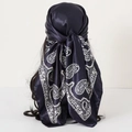 Navy blue paisley print square satin scarf worn as an elegant headband wrap - 90*90cm / Paisley Navy