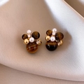 Detail of cluster earrings with brown tiger eye stones, pearls, and gold metal base - Cluster Tiger Eye Pearl Zircon Studs (925 Sterling Silver Earring Post)