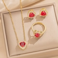 Detail of red heart zircon necklace, earrings and ring set on jewelry box - Ruby Heart 3-Piece Set (8852)