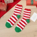 Cozy coral fleece Christmas socks in red and white stripes with green toe accents - One Size / Red and White Stripes Green Heel