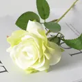 Artificial velvet rose in light green and cream white with realistic green leaves - Green