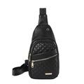 Black quilted crossbody chest bag in PU leather with gold hardware and earphone port - Black PU Leather