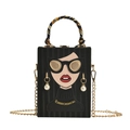 Graffiti box evening bag with red lip face pattern, silk scarf handle, and chain strap - Black