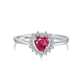 S925 sterling silver ring with a heart-shaped red gemstone and white diamond halo - Adjustable Open / Red