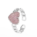 Adjustable silver chain ring featuring a pavé-set pink zircon heart centerpiece - Silver Chain Heart Pavé Pink Zircon Style (X581)