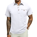 Men's white cotton linen beach shirt with short sleeves and pocket on a white background - S / White