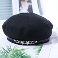 Black vintage beret hat featuring silver metal star chain and faux leather trim design - One Size(56-58cm) / Black