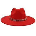 Detail of red wool felt fedora featuring a thick gold acrylic chain and wide brim - Adult (57-60cm) / Orange Red (Acrylic)
