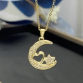 Gold plated stainless steel moon and star pendant necklace with cubic zirconia - Gold (8304)