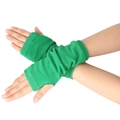 Close-up of bright green knitted fingerless gloves with ribbed texture on model hands - One Size / Green