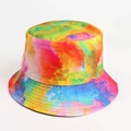 Detailed close-up of rainbow tie-dye bucket hat with reinforced brim stitching - Red Blue and Yellow