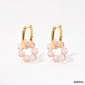 Elegant gold oval hoop earrings with pink natural stone flower beaded pendants - 14K Gold Plated Watermelon Red (KDE591)