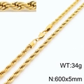 Golden stainless steel twisted rope necklace with high-polished finish, 60cm length - 600x5mm(KN231968-Z)