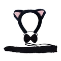 Set orecchie da gatto in peluche nero con interno rosa, papillon e coda lunga abbinata - Set da 3 Pezzi Nero