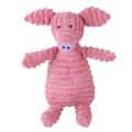 Close-up of pink corduroy dog chew toy with soft ribbed fabric texture and purple nose detail - Pink Pig