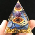 Orgone resin pyramid with amethyst ball, blue stones, and golden gears decoration - Sun Gear Amethyst Ball / Small