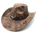 Detail of suede western cowboy hat featuring vintage bull head metal ornament and leather strap - M (56-58cm) / Tie-dye Khaki