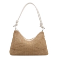 Handwoven straw tote bag with decorative white rope handles and knots for summer - White
