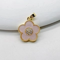 Pink enamel camellia flower pendant with gold beaded edges and sparkling crystal center - US 3 / Pink
