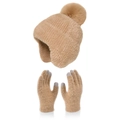 Beige winter knitted hat and touchscreen gloves set with plush pompom and ear protection - Khaki