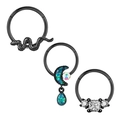 Detailed view of three black nose rings featuring snake, moon and square zircon designs - 1.2x8mm / Black Snake Moon Square Rhinestone Style (Set 13)