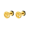 Macro view of gold-finished stainless steel peace sign stud earrings with black backings - Gold