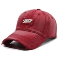 Distressed burgundy washed denim baseball cap with white zero cursive embroidery - Zero Embroidery / Red