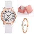 Conjunto de reloj de mujer en oro rosa con correa de cuero blanco y pulsera de estrella - Reloj + Pulsera + Caja / Blanco