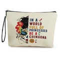 Canvas makeup bag with 'Be a Chingona' print, floral skull design, and black wrist strap - Latina Face Skull Mask (Style 4)