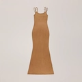 Close-up of slim adjustable straps and ribbed knit texture on the khaki bodycon maxi dress - S / Faded Desert