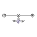 Silver industrial barbell featuring a purple heart gemstone and angel wings detail - Purple