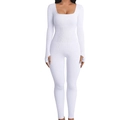 Slim fit white ribbed knit long sleeve bodysuit with square neck and thumbhole cuffs - S / Top And Bottom / Long Sleeve / White