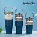 Three royal blue stainless steel insulated tumblers in 20oz, 30oz, and 40oz sizes with handles - Single Drink Lid Sapphire Blue