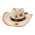 Men's Western Cowboy Straw Hat with brown star patterns and turquoise leather band - White with Wind Rope (Blue Star)
