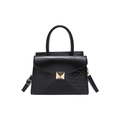 Minimalist black PU leather handbag with crocodile pattern and golden buckle on white background - Black