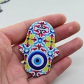 Hamsa Hand acrylic charm with Evil Eye pattern in yellow, pink and blue colors - Style 19
