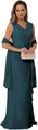 Elegant dark green V-neck chiffon evening gown with side pleats and matching shawl - US size 2 / Top And Bottom / Teal