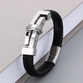 Pulsera para hombre de cuero trenzado negro con elegante cierre de acero inoxidable plata - 19cm / Color Acero